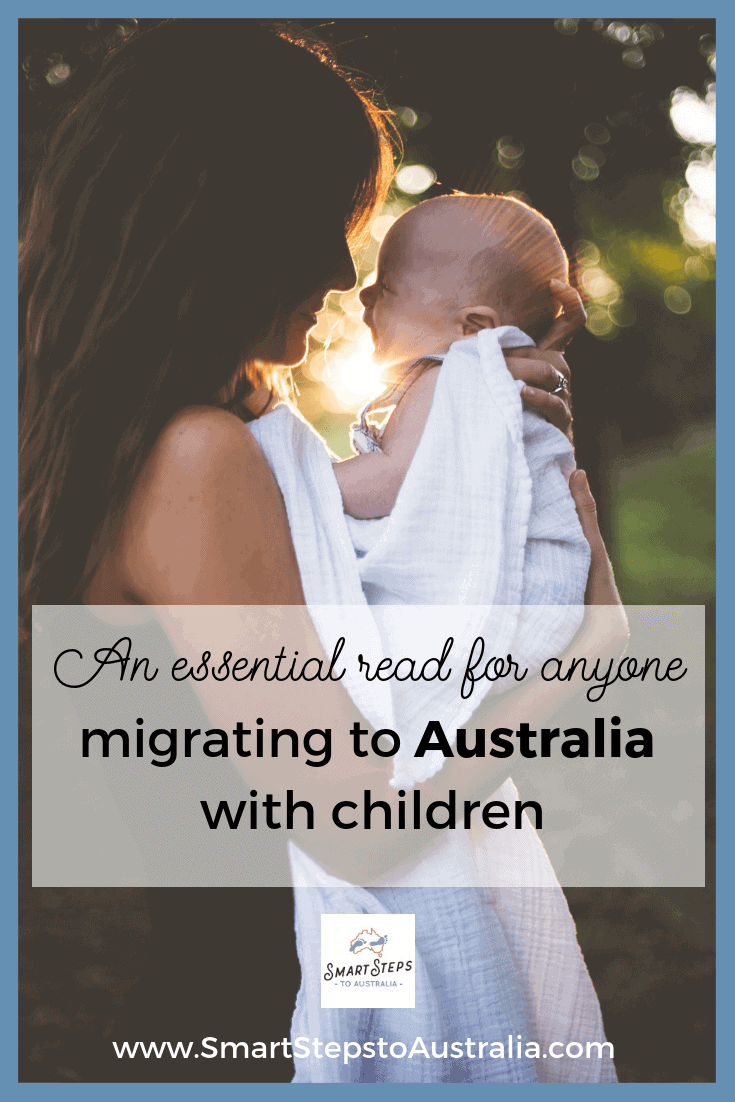Pinterest image of a mother with a baby to promote a post about an essential read when migrating to Australia with children