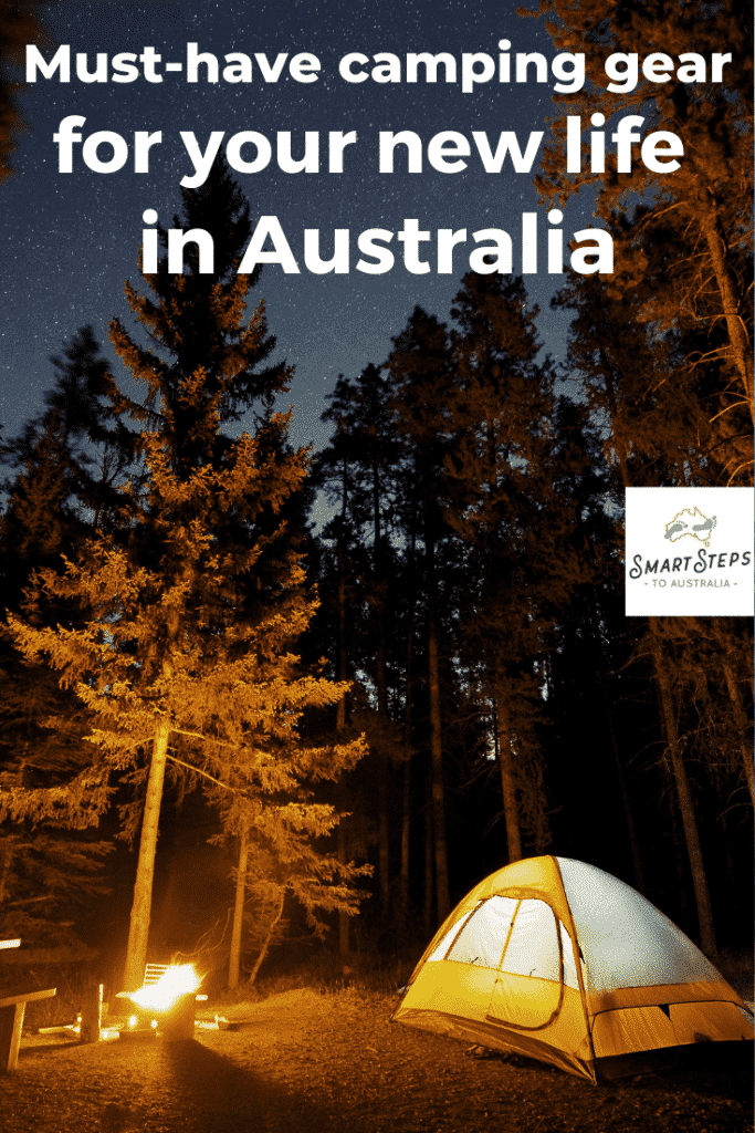 Must have camping gear for your new life Down Under - Pinterest image of a tent in the trees
