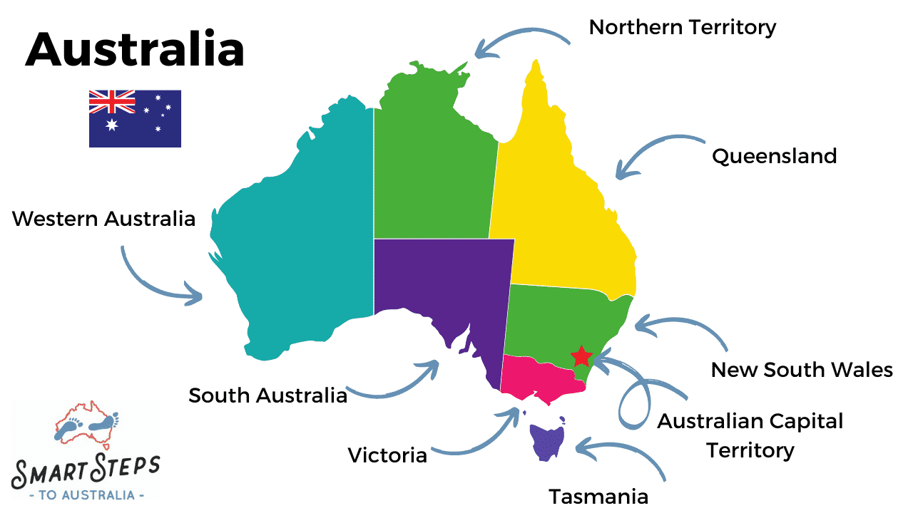 A map of Australia showing Australian territories and states
