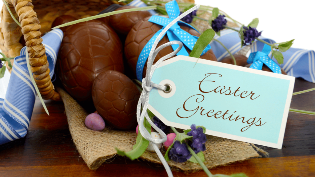 A chocolate Easter hamper with a Easter Greetings tag attached