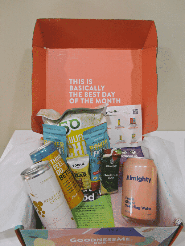 A picture of a Goodness Me subscription box filled with healthy treats
