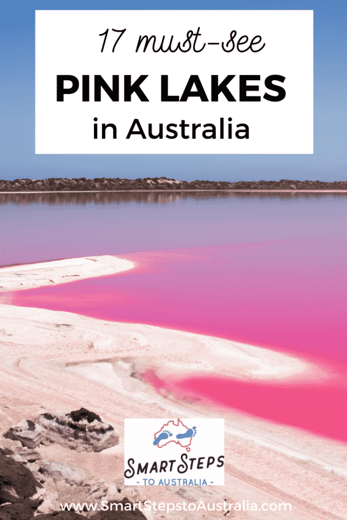 Pinterest image with an image of a vibrant pink lake and the text: 17 must-see pink lakes in Australia