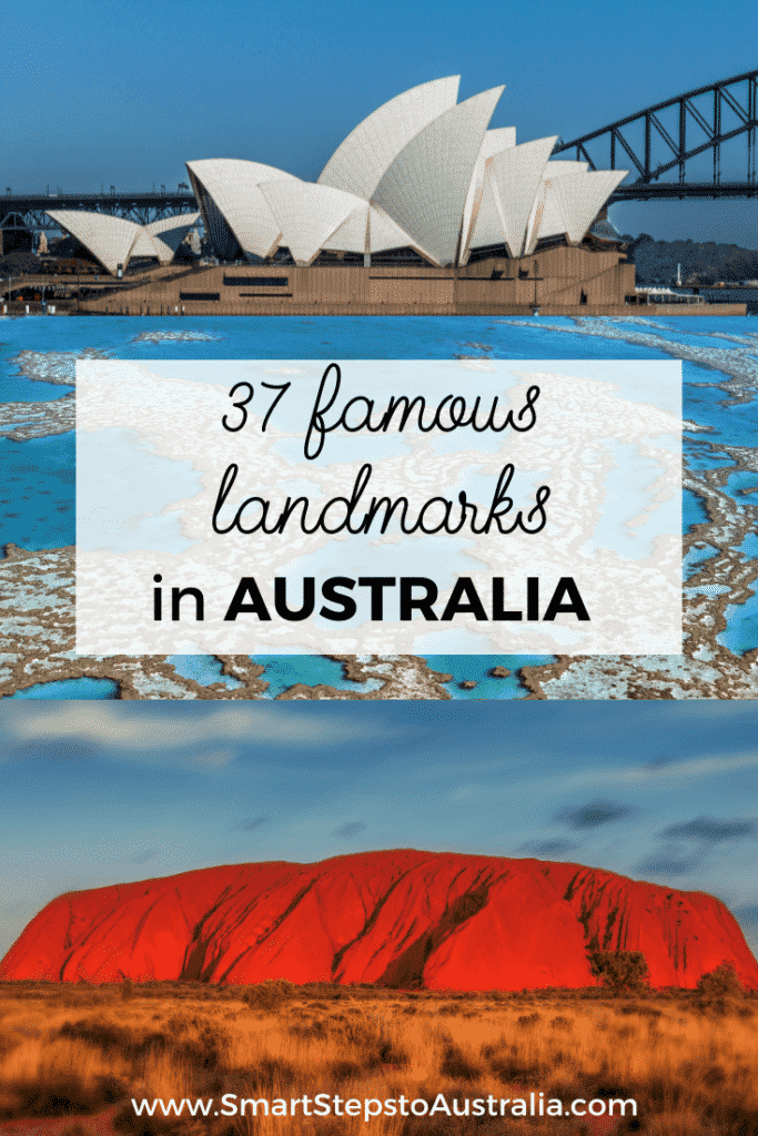 A Pinterest image for Famous Australia Landmark post with images of the Opera House, Great Barrier Reef and Uluru