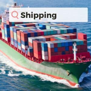 A picture of a shipping container ship with the word 'Shipping' over the top