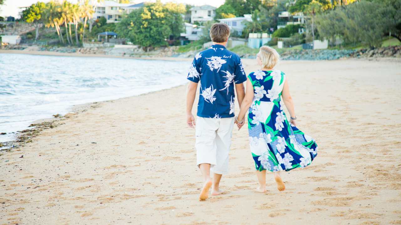 A couple walking away from the camera on the beach